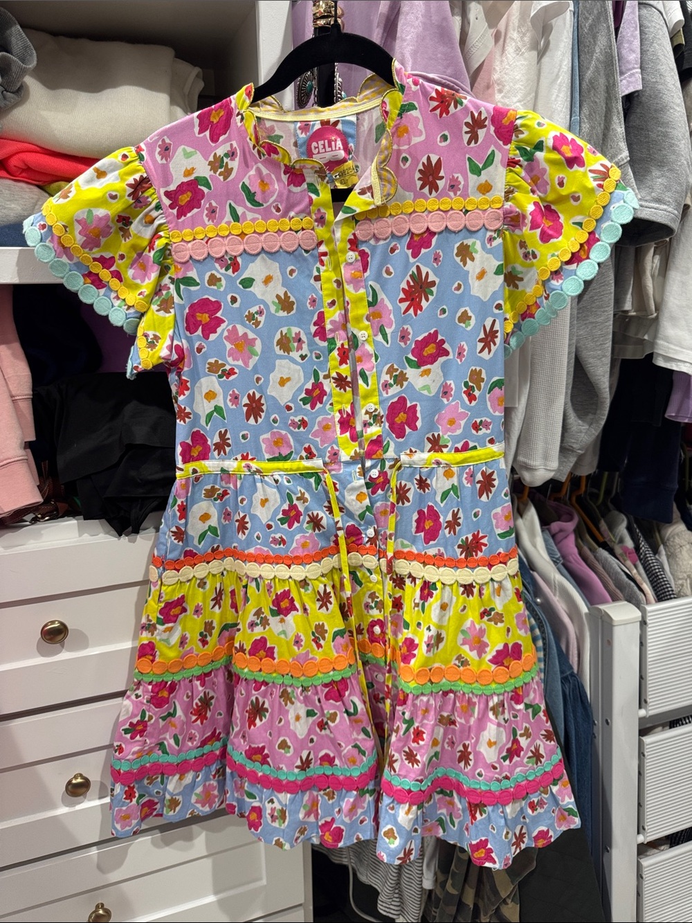CeliaB Bright Floral Tiered Dress - Pink, Yellow & Blue